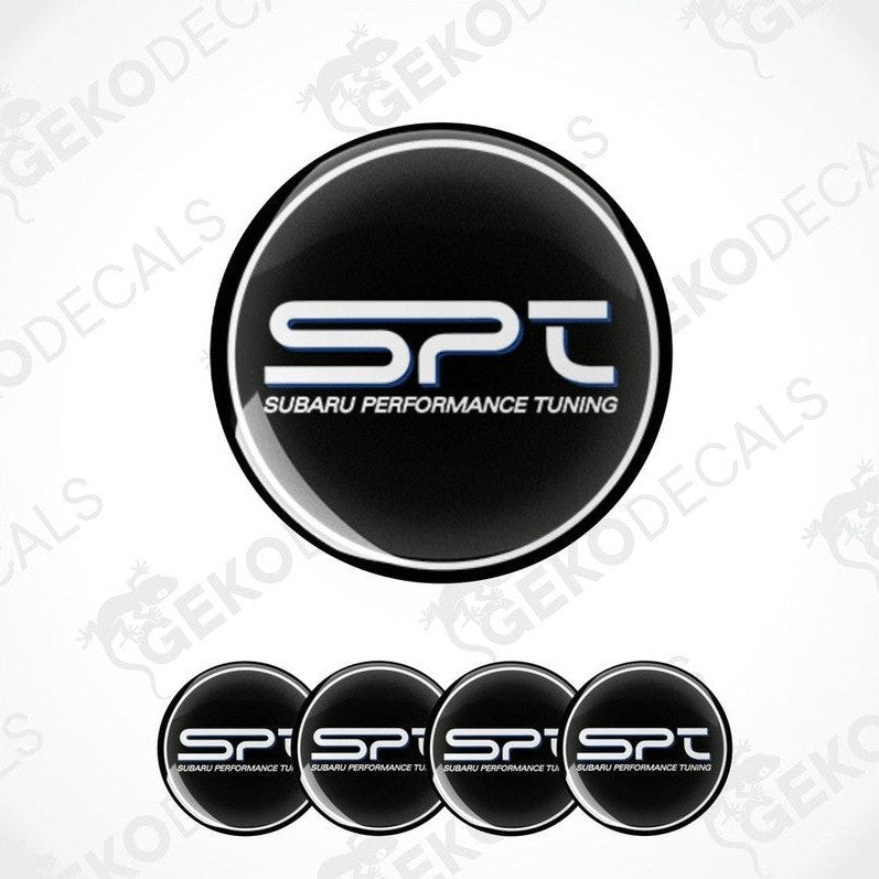 A set of black round car decals with the text 'SPT SUBARU PERFORMANCE TUNING' in white.