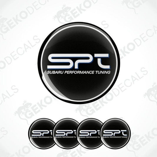 A set of black round car decals with the text 'SPT SUBARU PERFORMANCE TUNING' in white.