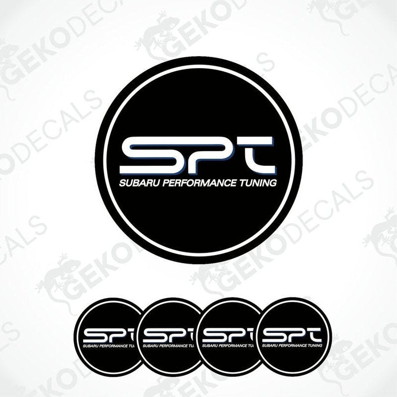 A set of black round car decals with the text 'SPT SUBARU PERFORMANCE TUNING' in white.