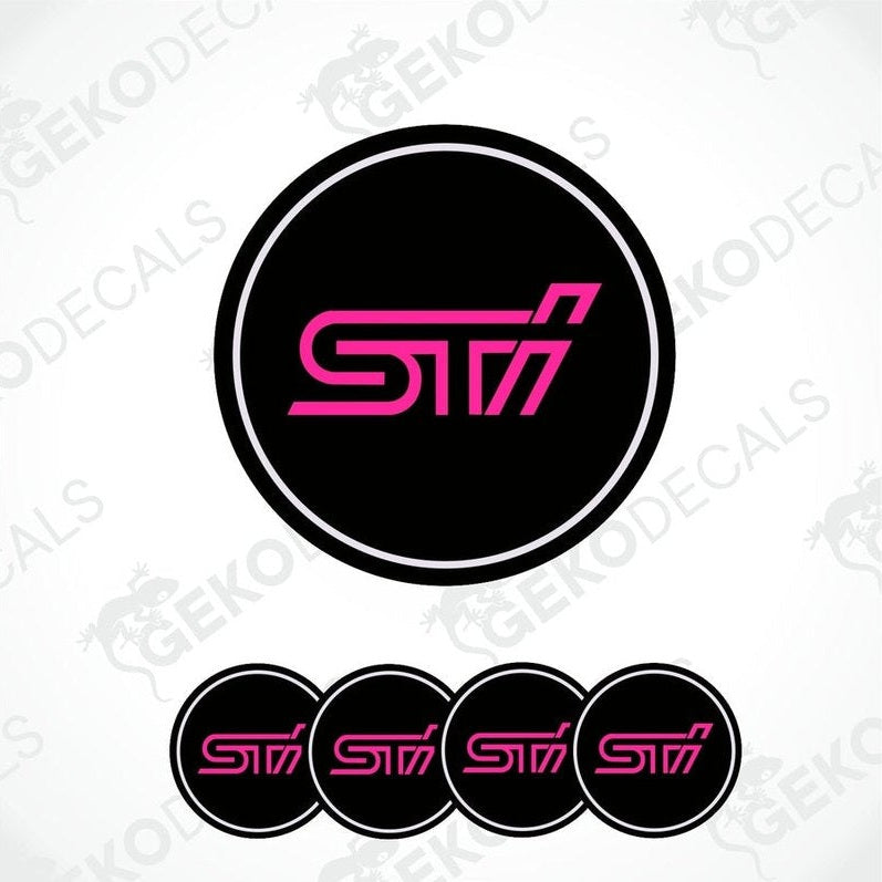 A set of four black vinyl stickers with the word ' SUBARU STI' in pink, intended for use on vehicle wheels.