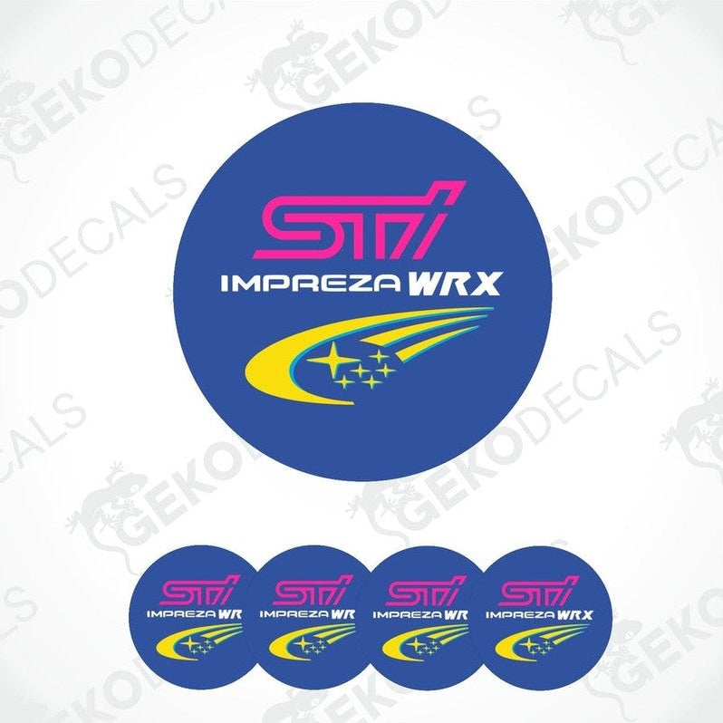A set of four blue vinyl stickers with the text 'SUBARU STI IMPREZA WRX' and associated logos and graphics.
