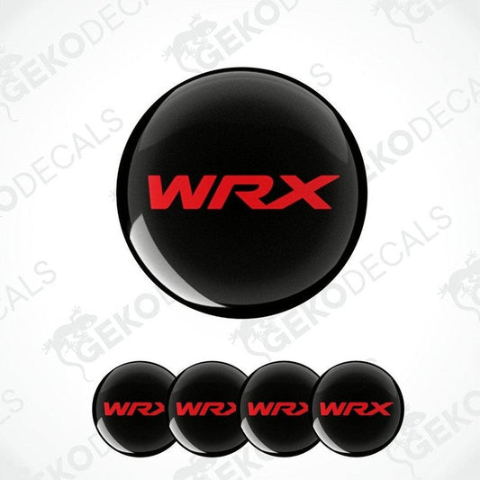 Set of four black and red car wheel decals with 'SUBARU WRX' branding.