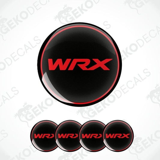 Set of four black and red car wheel decals with 'SUBARU WRX' branding.