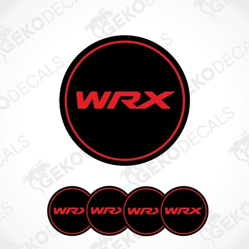 Set of four black and red car wheel decals with 'SUBARU WRX' branding.
