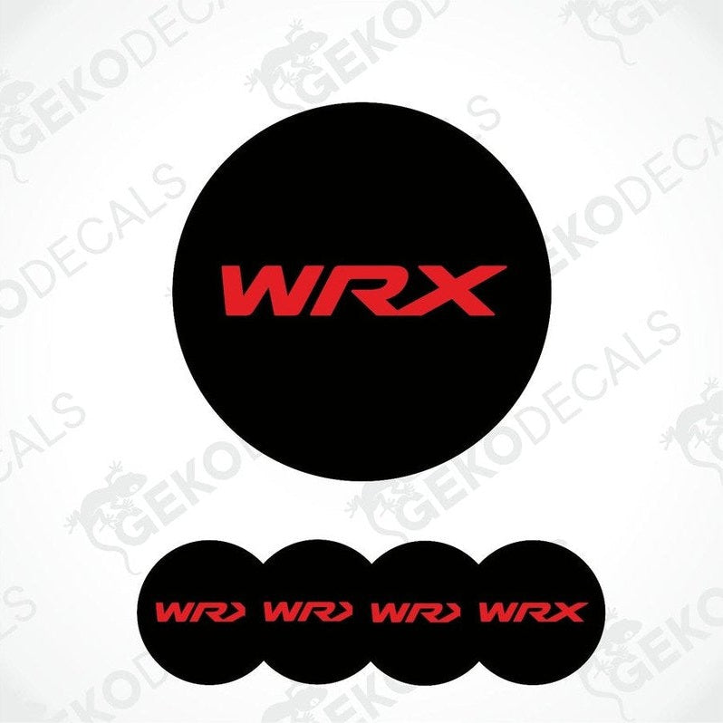 Set of four black and red car wheel decals with 'SUBARU WRX' branding.