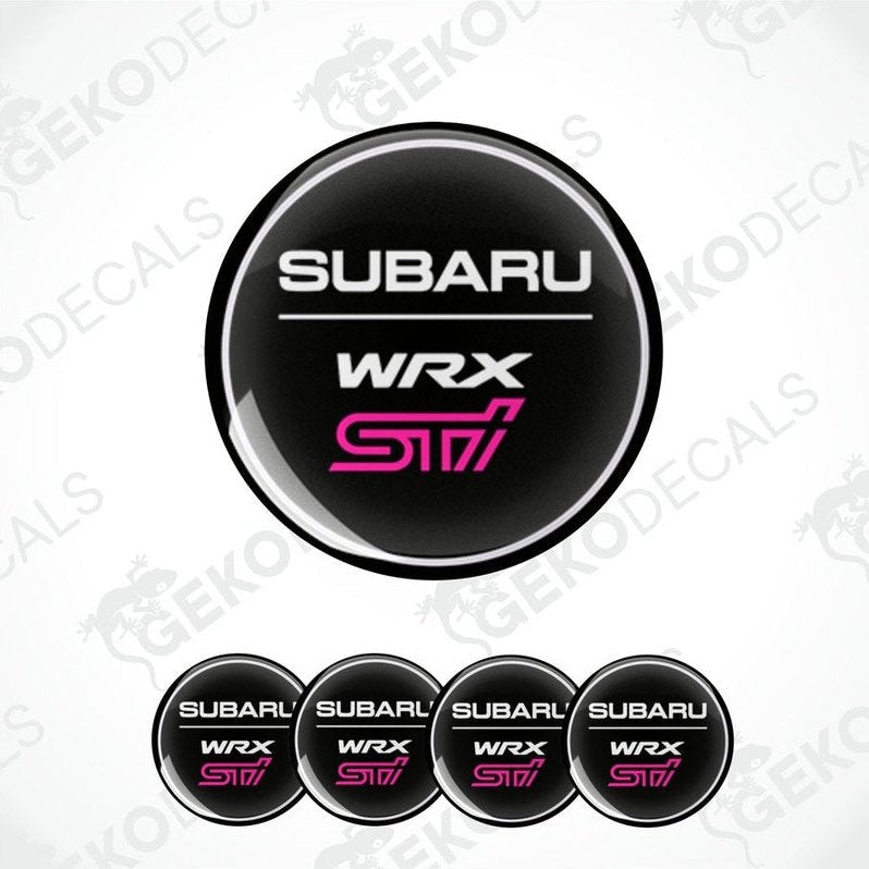 A set of four vinyl decals for a Subaru WRX STI vehicle, featuring the car brand and model name in pink on a black background.