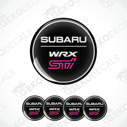A set of four vinyl decals for a Subaru WRX STI vehicle, featuring the car brand and model name in pink on a black background.