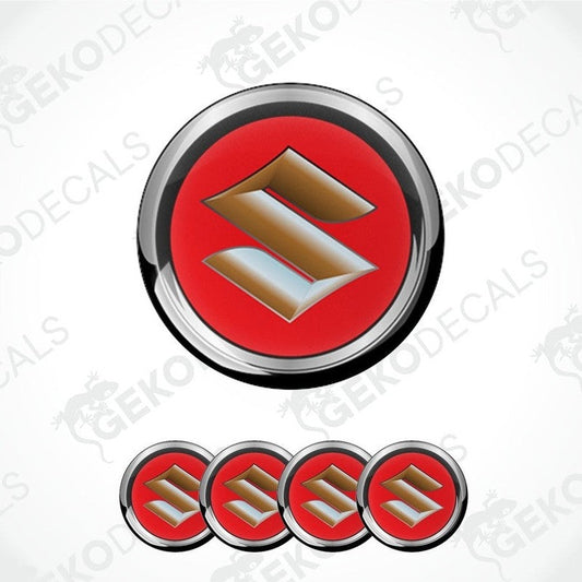 A set of four red and silver SUZUKI branded vinyl stickers with a dome shape and a polyurethane coating.