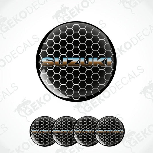 A set of vinyl decals with a polyurethane coating, featuring the Suzuki logo and a hexagonal pattern in black, silver, and gray colors.