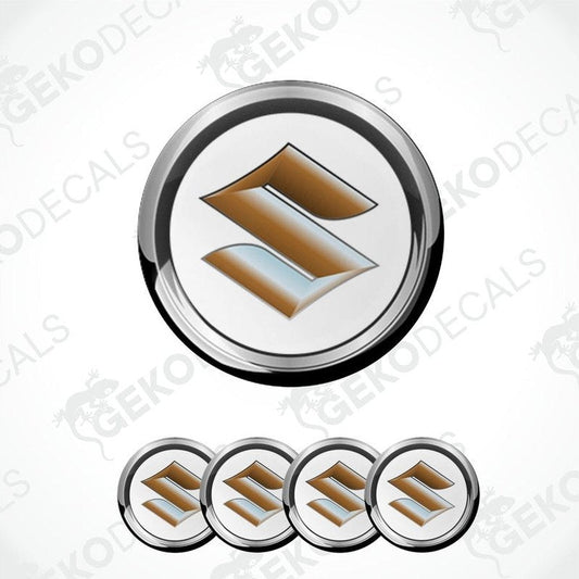 A set of four silver-colored vinyl stickers with a dome shape and the Suzuki logo in the center.