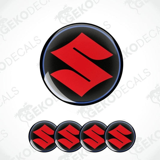 A set of four red and black SUZUKI vehicle decals.