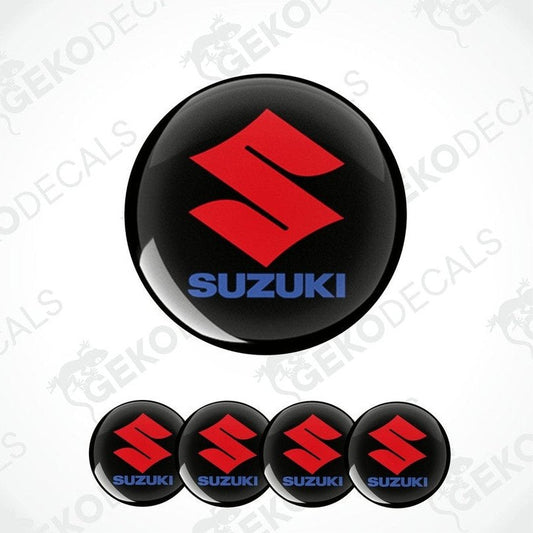 A set of four red and blue vinyl stickers with the word 'SUZUKI' printed on them, designed for use as car decals.