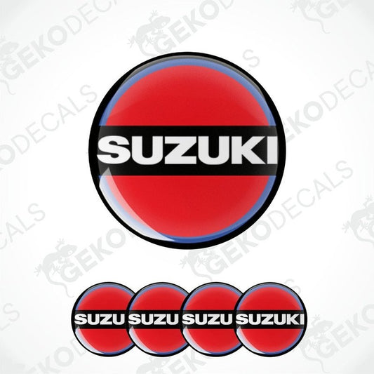 A set of red, blue, and white vinyl decals with the SUZUKI brand logo.