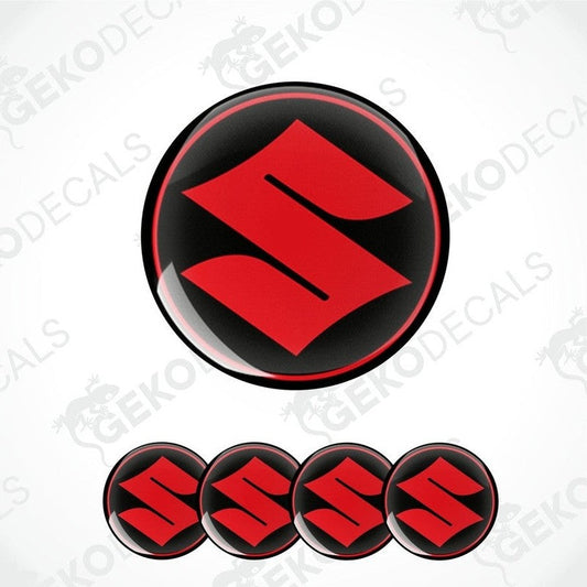 A set of four red and black SUZUKI branded vinyl decals with a polyurethane coating.