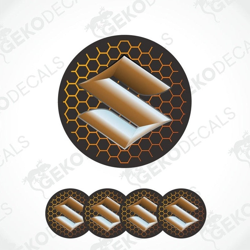 A set of round vinyl decals with a geometric pattern and the letter 'SUZUKI' in the center, in orange and black colors, with a honeycomb pattern.