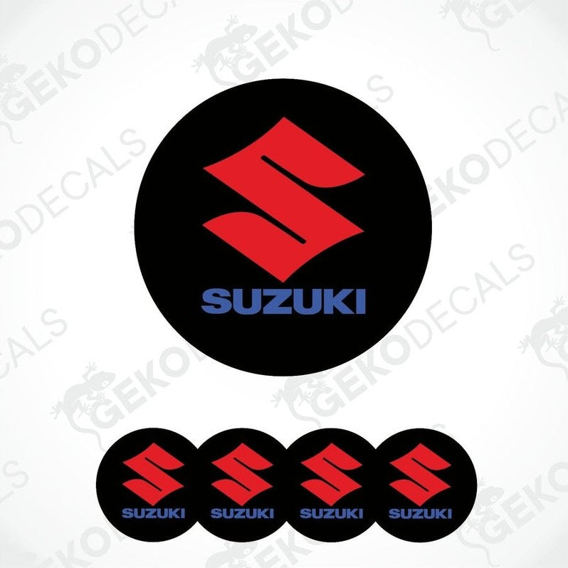 A set of four red and blue vinyl stickers with the word 'SUZUKI' printed on them, designed for use as car decals.