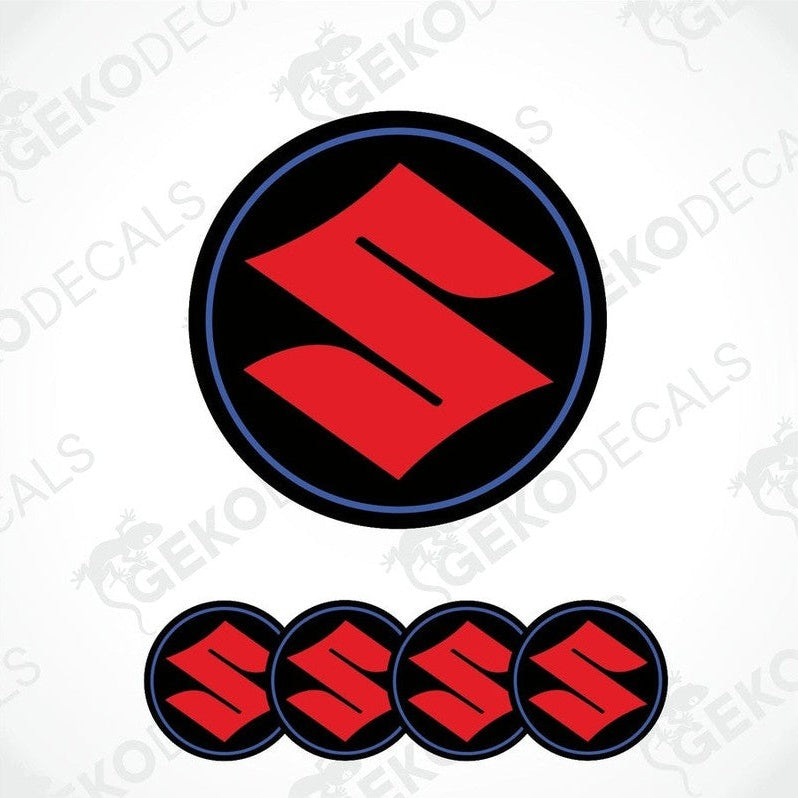 A set of four red and black SUZUKI vehicle decals.