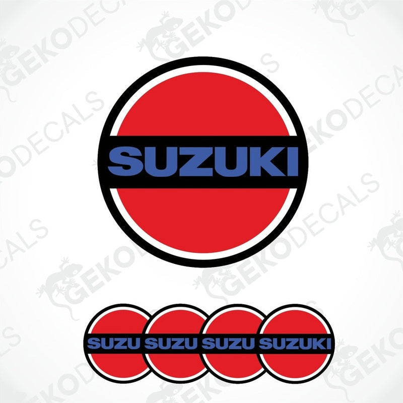 A set of four red, white, and blue vinyl stickers with the word 'SUZUKI' on them, arranged in a circular pattern.
