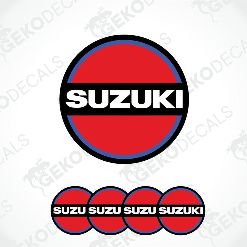 A set of red, blue, and white vinyl decals with the SUZUKI brand logo.