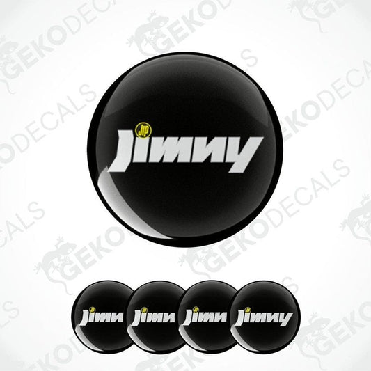 A set of four black vinyl stickers with the word 'JIMNY' printed in white.
