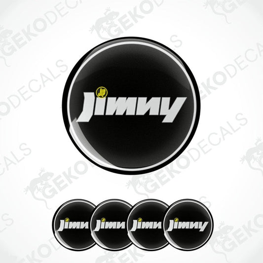 A set of four black vinyl stickers with the word 'JIMNY' printed in white.