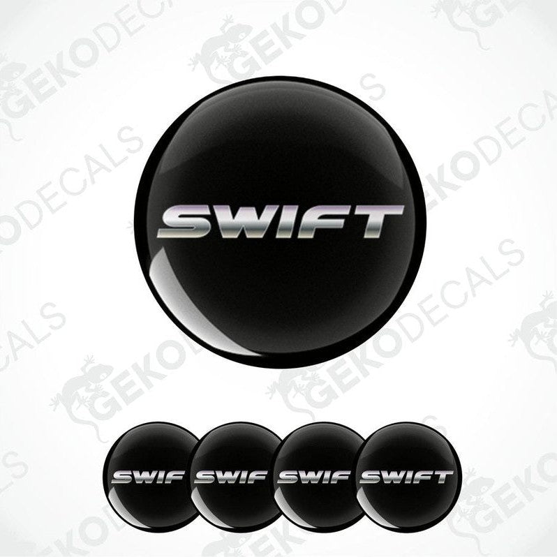 A set of four black vinyl stickers with the word 'SWIFT' printed on them, designed for use as car decals.