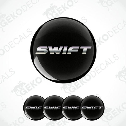 A set of four black vinyl stickers with the word 'SWIFT' printed on them, designed for use as car decals.
