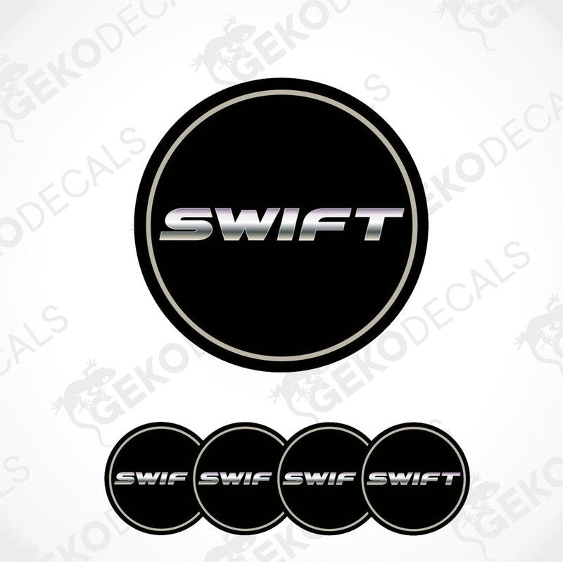 A set of black vinyl decals with the text 'SWIFT' on them, typically used as car wheel caps or stickers.