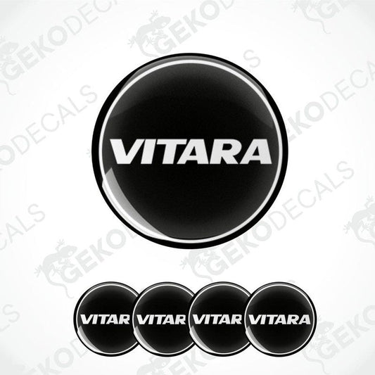 Set of four black vinyl decals with the text 'VITARA' on them, presented against a white background.