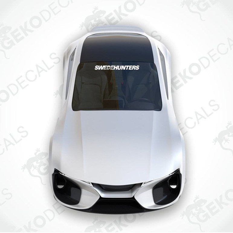 White car windshield sticker with cut-out text SWEDEHUNTERS