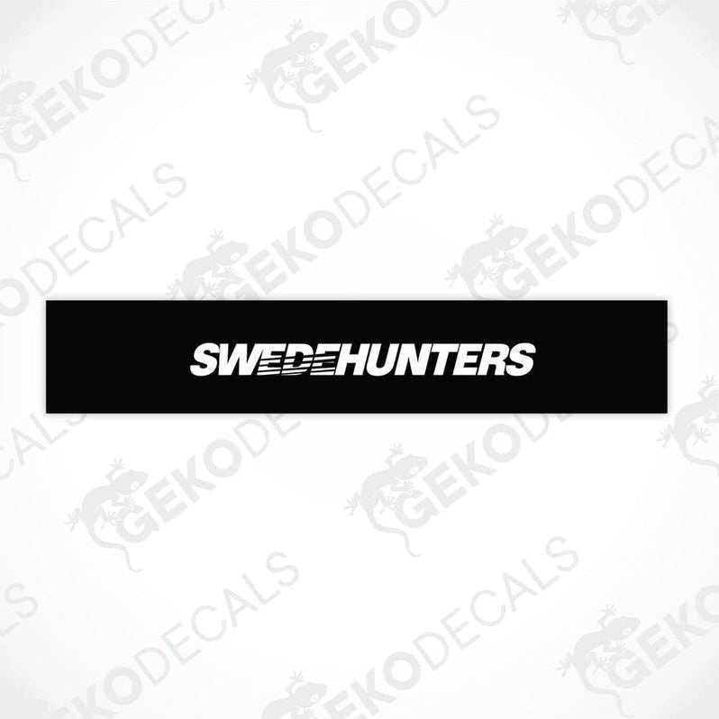 Black car windshield sun visor with white text SWEDEHUNTERS