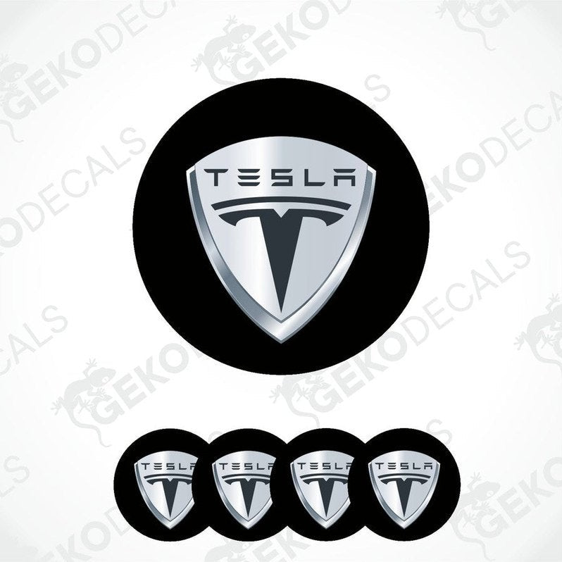Set of four black and silver Tesla brand vinyl decals with a polyurethane coating.