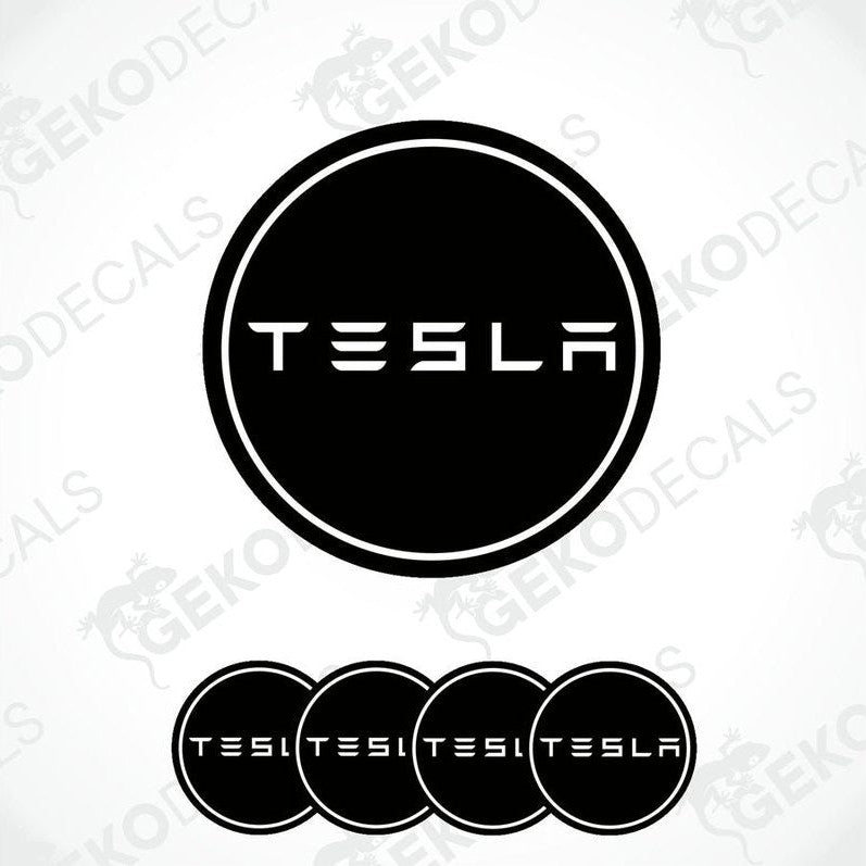 Set of four black and white vinyl decals with the TESLA logo, displayed on a white background.