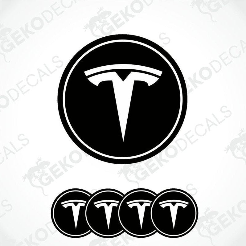 A set of four black vinyl stickers with a Tesla logo on each.