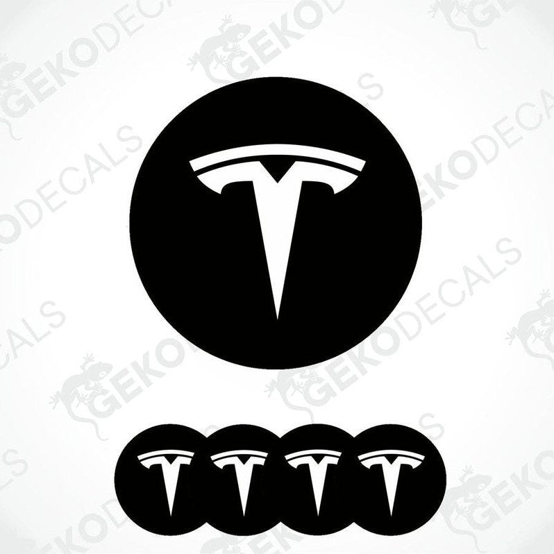 Set of four black and white vinyl decals with the TESLA logo, displayed on a white background.