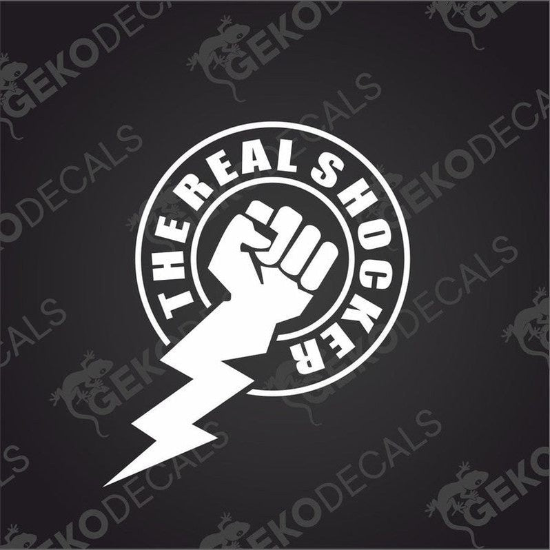 THE REAL SHOCKER white die cut car decal with fist and lightning bolt on transfer paper