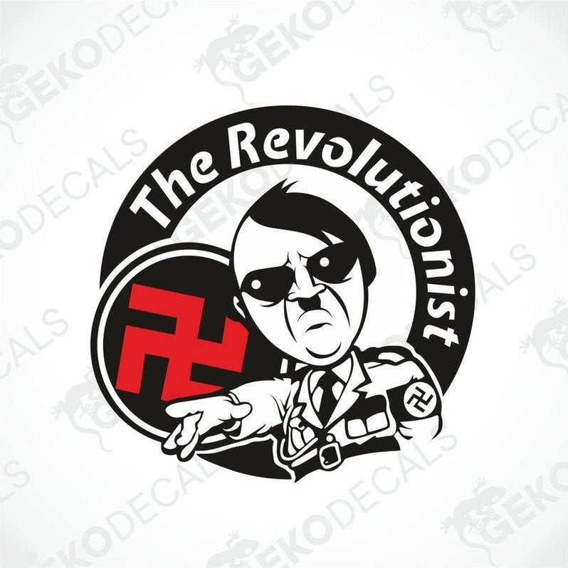 A black, white, and red car decal featuring a stylized cartoon character with a Hitler mustache and sunglasses, indicating a revolutionary or rebellious theme.