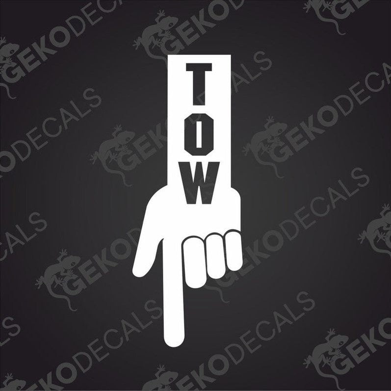 White die cut car decal hand pointing down with TOW text