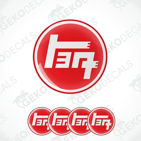 A set of red vinyl decals with the TOYOTA logo in white, including four different sizes intended for use as car wheel caps.