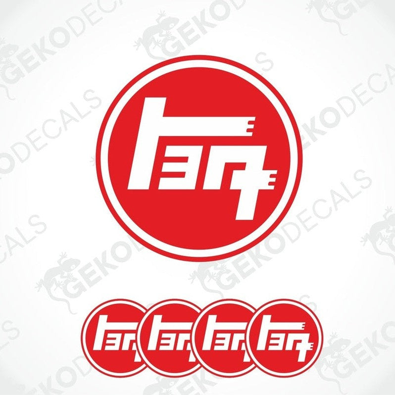 A set of red vinyl decals with the TOYOTA logo in white, including four different sizes intended for use as car wheel caps.