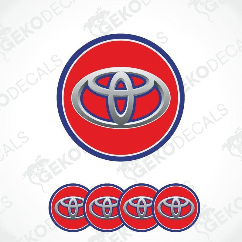 A set of four red, white, and blue car decals with the TOYOTA logo.