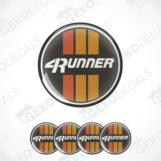 A set of four round car decals with the text '4Runner' and a striped logo in black, red, and yellow.