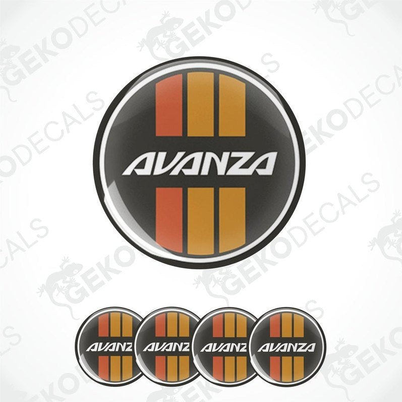 A set of four black, red, and orange vinyl stickers with the word 'AVANZA' printed on them.