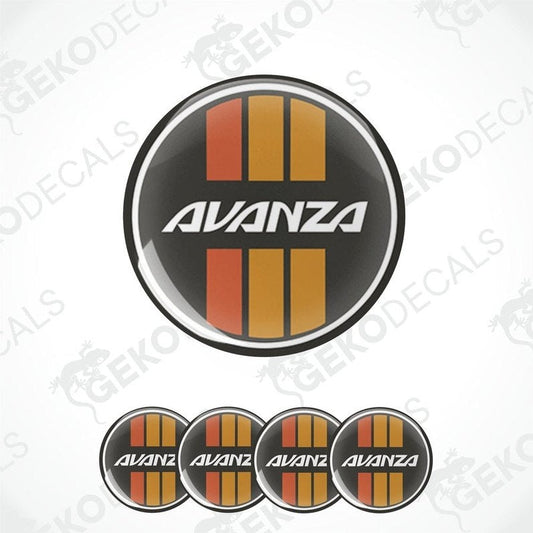 A set of four black, red, and orange vinyl stickers with the word 'AVANZA' printed on them.