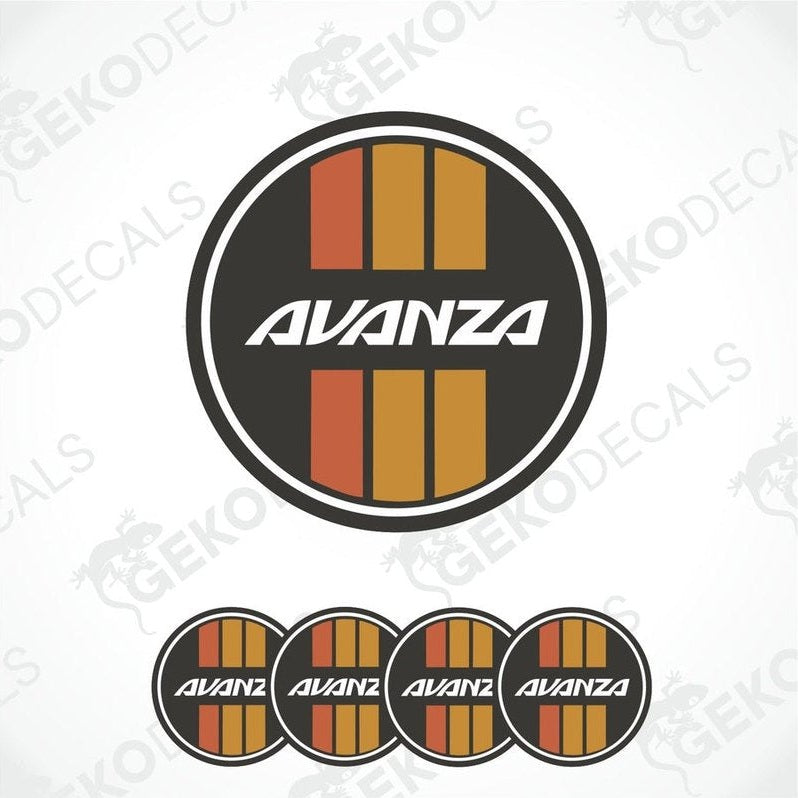 A set of four black, red, and orange vinyl stickers with the word 'AVANZA' printed on them