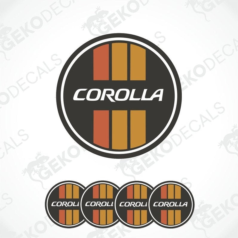 A set of four vinyl decals for a TOYOTA COROLLA, featuring a black circular design with orange and gray stripes and the text 'COROLLA' in capital letters.