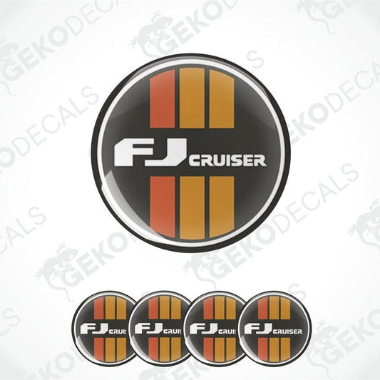 A set of round car decals for a TOYOTA FJ CRUISER, featuring the vehicle's name in white lettering with orange and gray stripes on a black background.