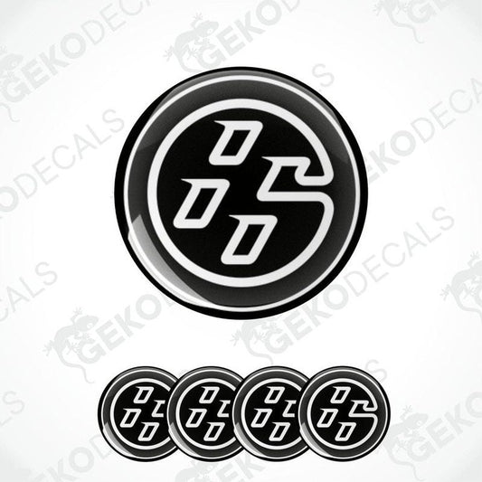 A set of four black vinyl stickers with the TOYOTA 66 logo, designed for use on car wheels or caps.