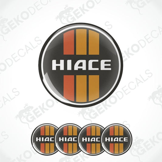 A set of four black, orange, and gray vinyl stickers with the word 'HIACE' printed on them.