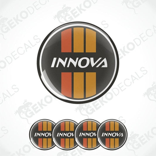 A set of four round vinyl stickers with a geometric pattern and the word 'INNOVA' on a white background.